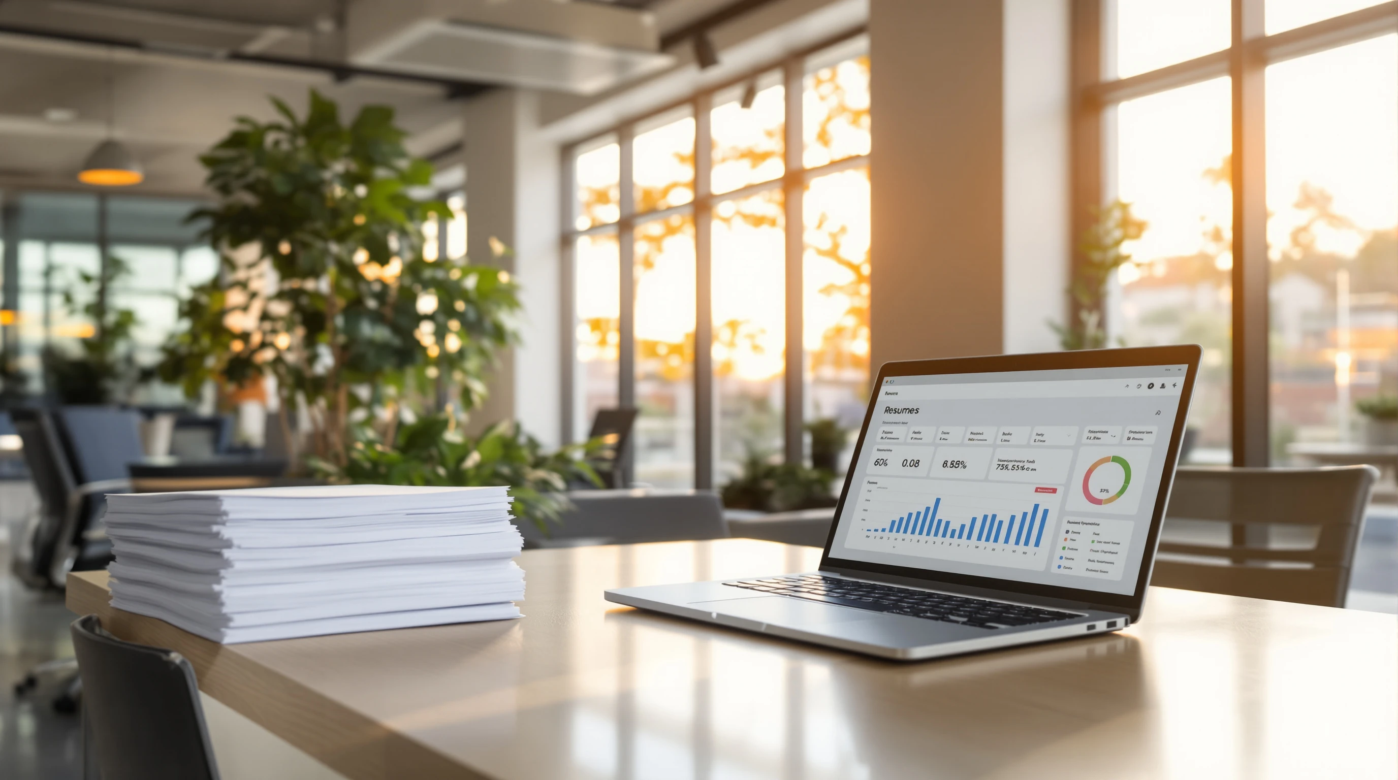 Modern pharmaceutical recruitment office with organized documents and natural lighting