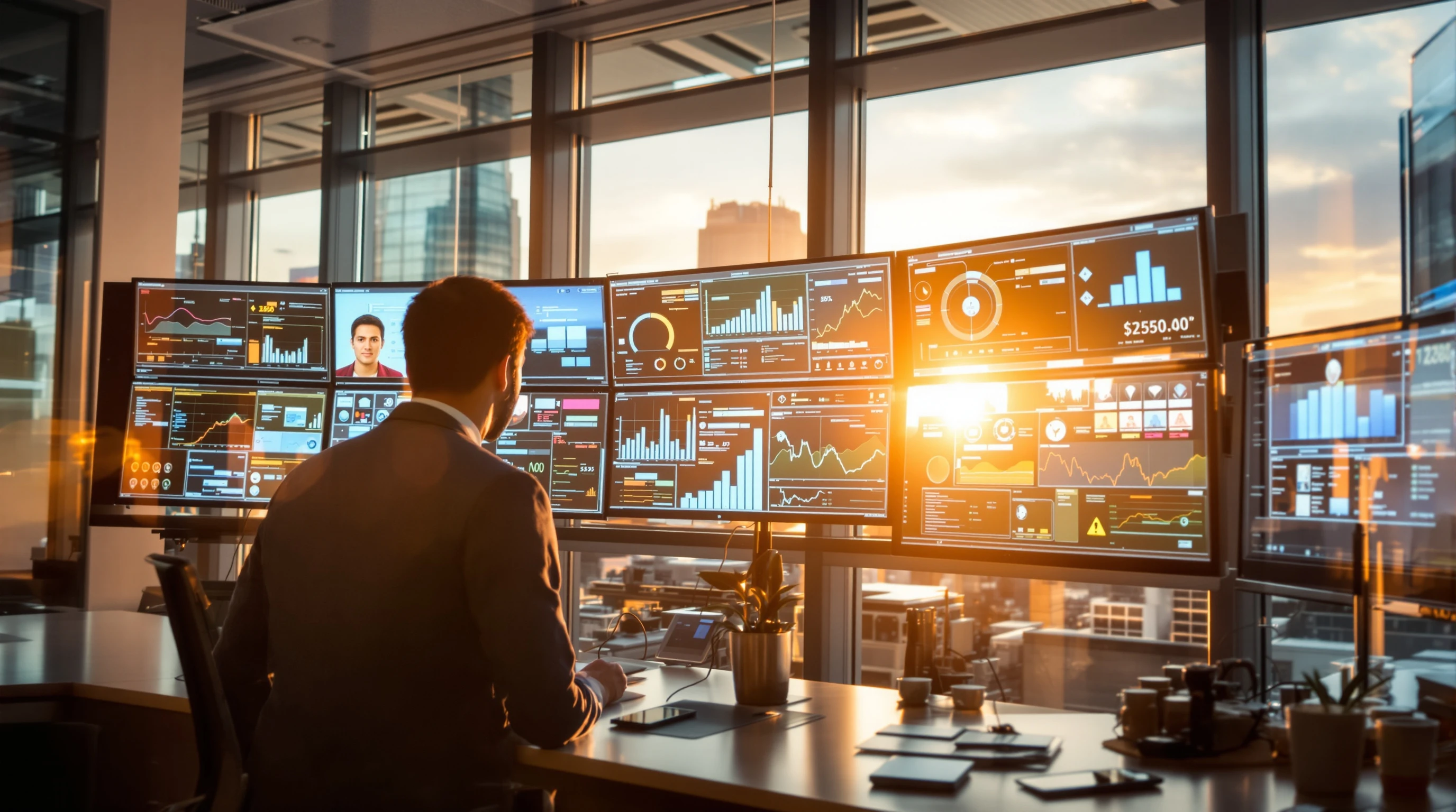 Modern office environment with compliance documentation and security monitoring