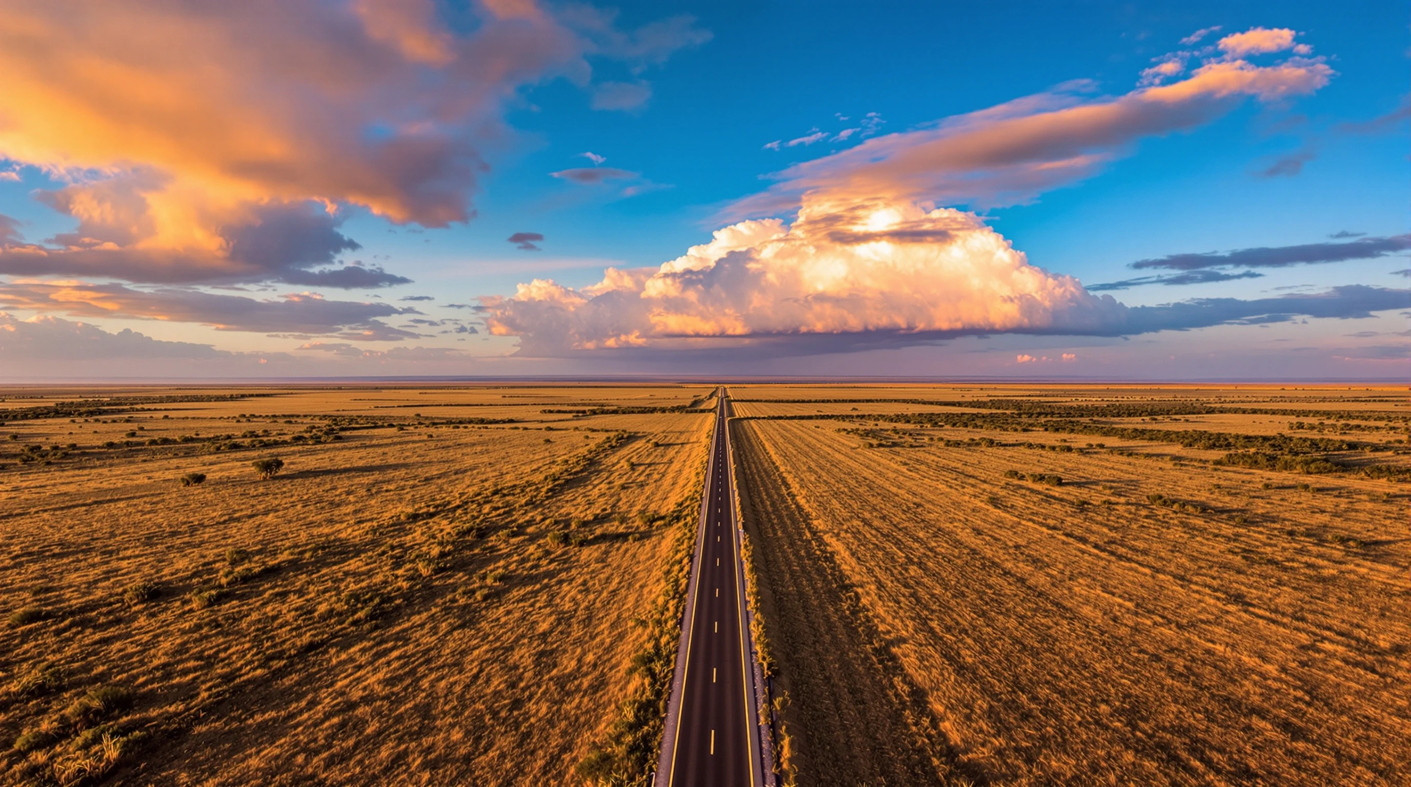 Aerial view of a single tar road stretching into vast South African highveld landscape at golden hour