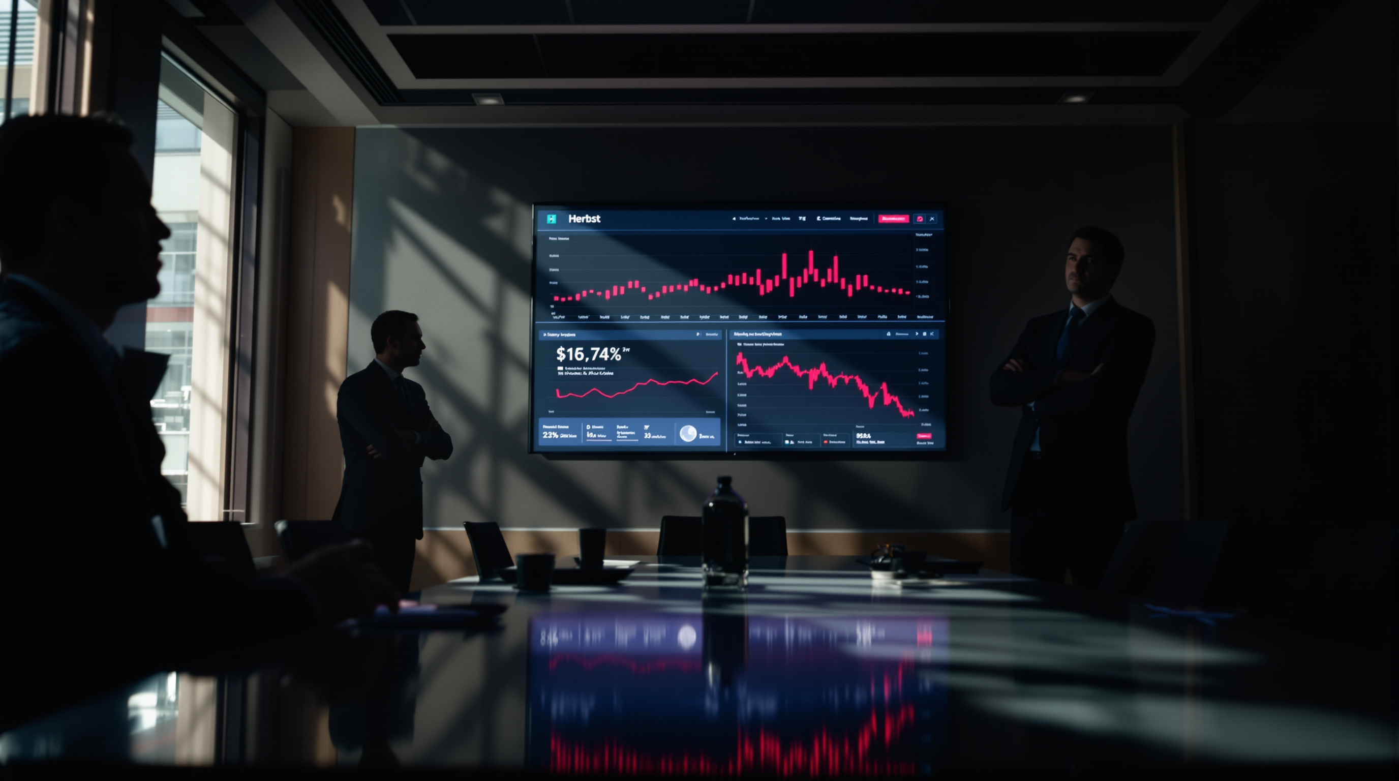 Executive silhouettes in boardroom confronting data on screen