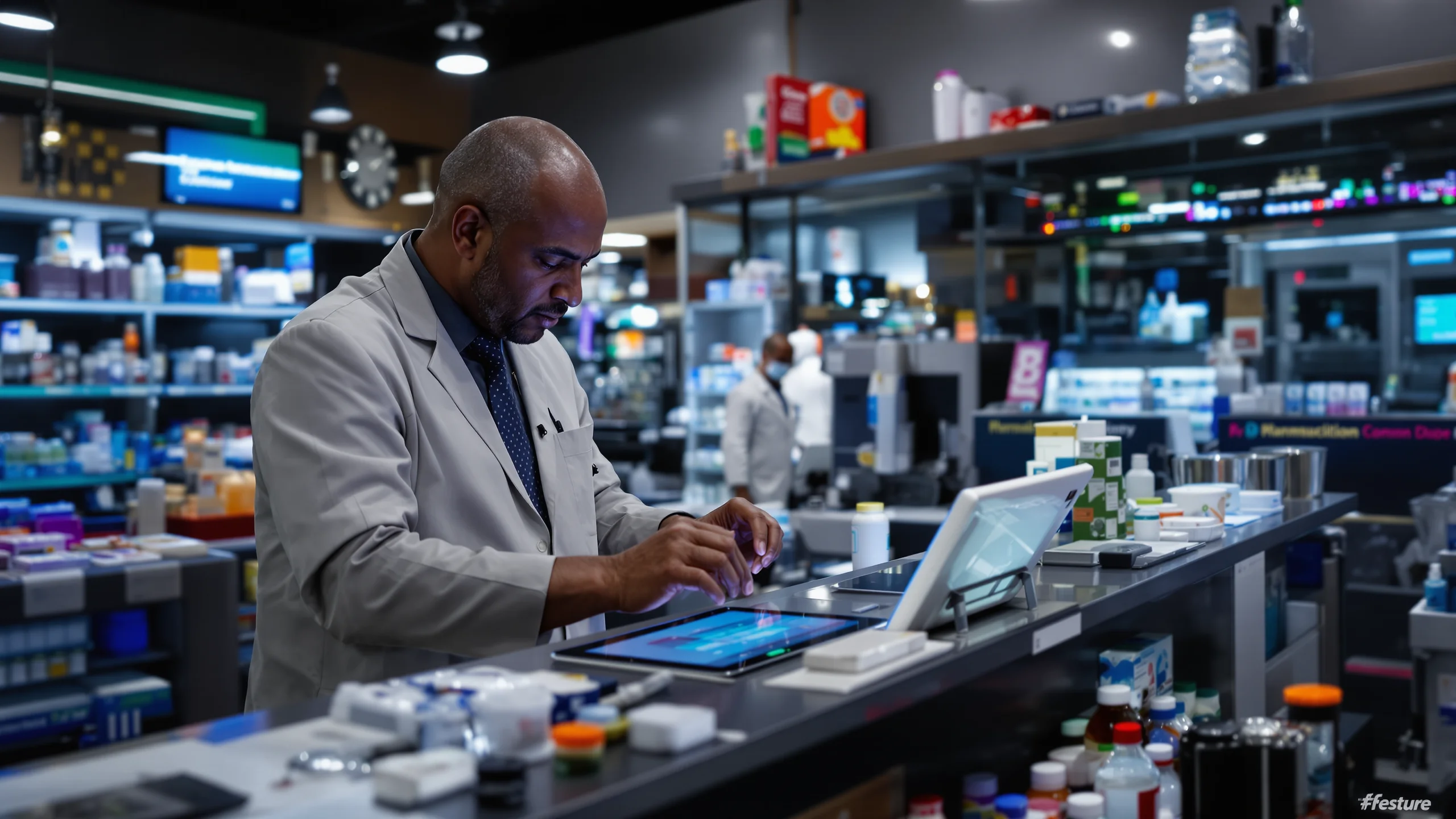 Orchestra conductor podium with pharmaceutical analytics tablet and medical products in dramatic corporate lighting