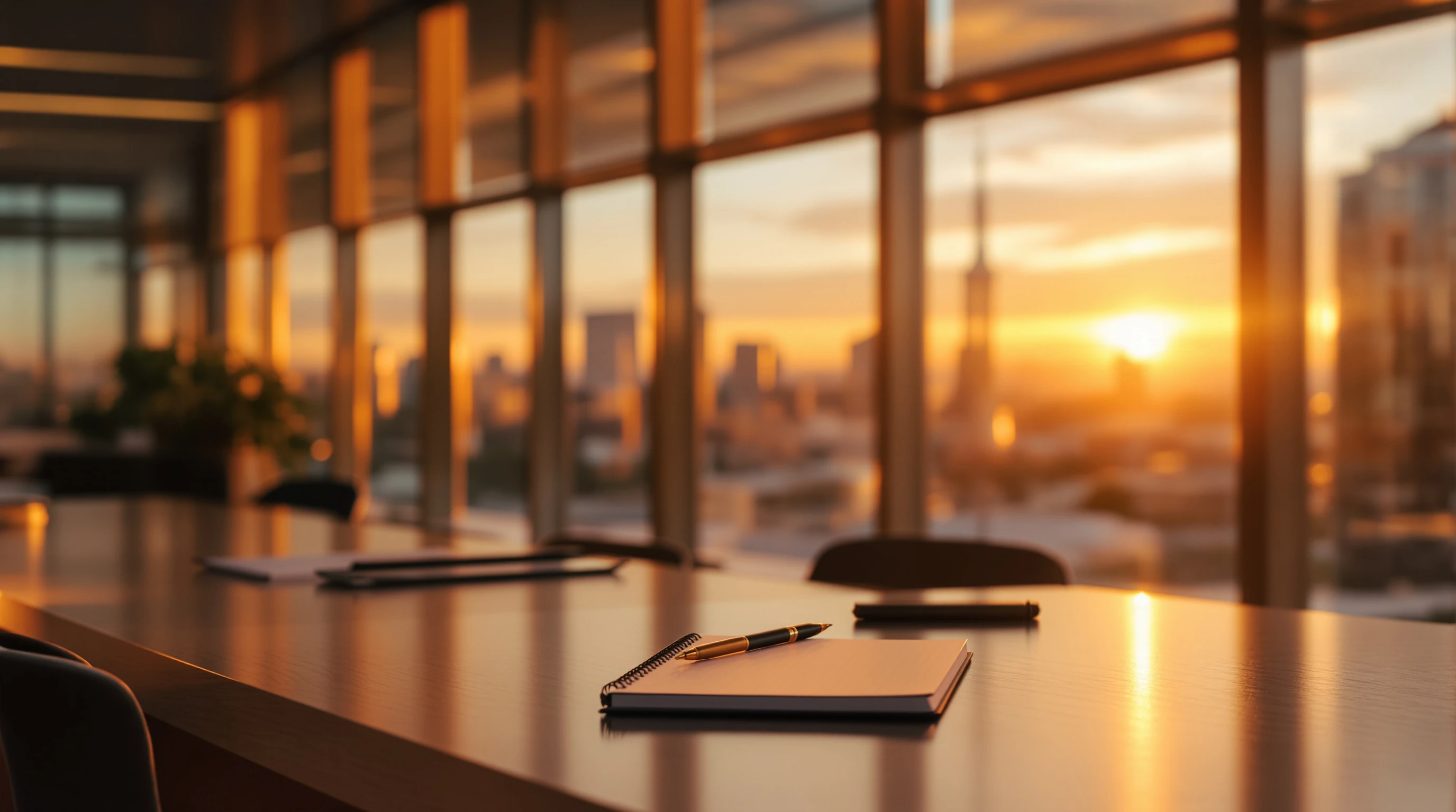 Calm modern workspace at golden hour with focused atmosphere and architectural clarity